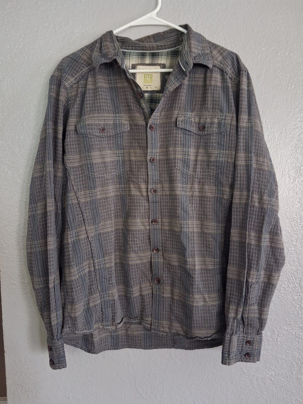 Ecoths Men's Plaid Button-Up Embroidered Top Gray L